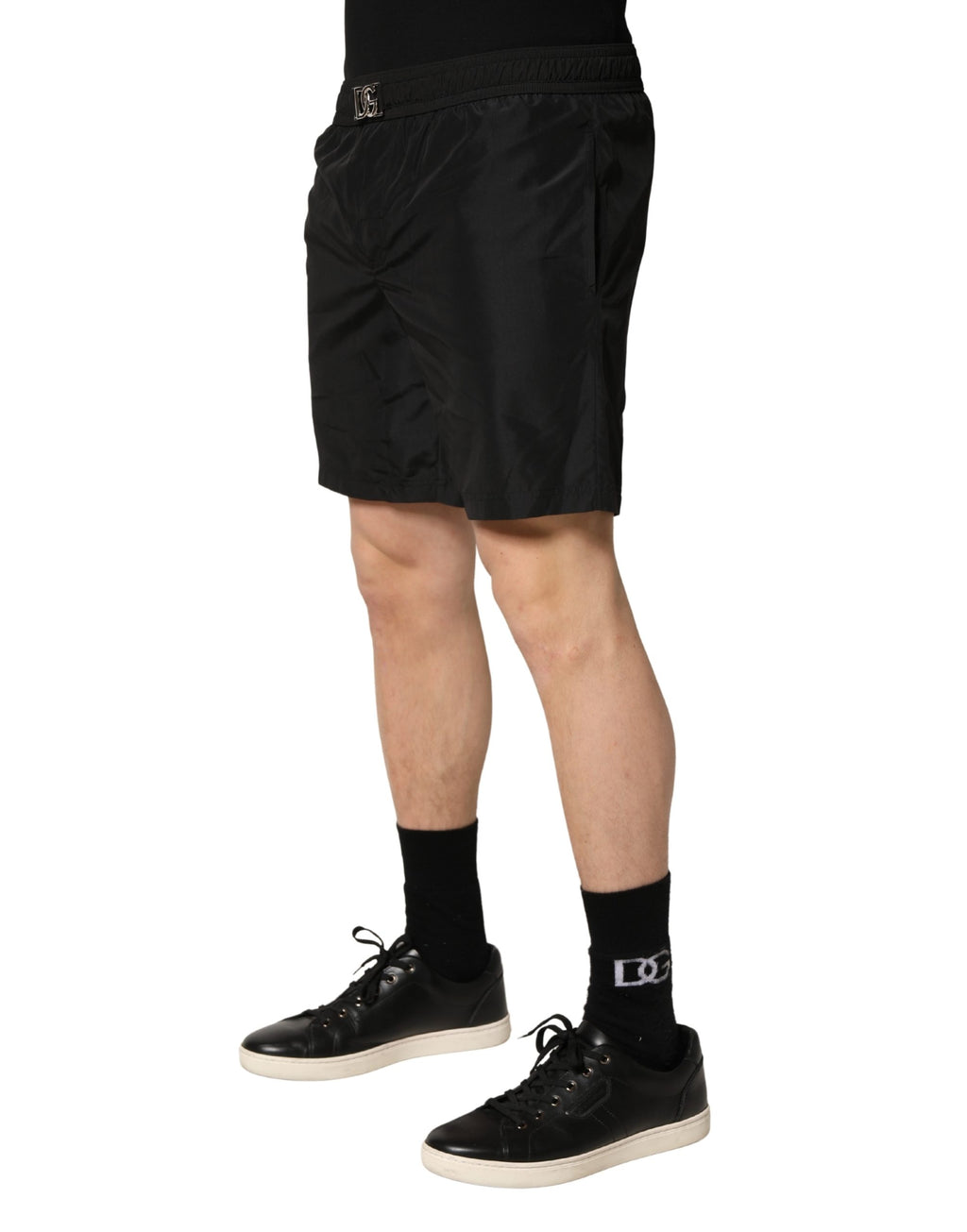 Black Polyester Elastic Waist Shorts Swimwear