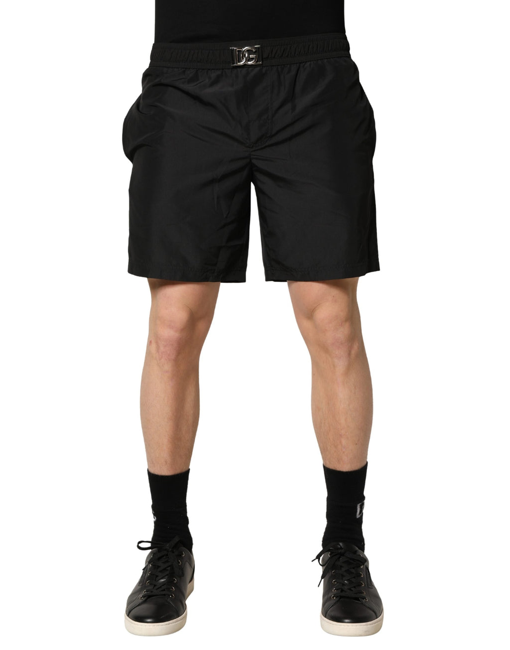 Black Polyester Elastic Waist Shorts Swimwear