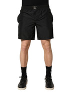 Black Polyester Elastic Waist Shorts Swimwear