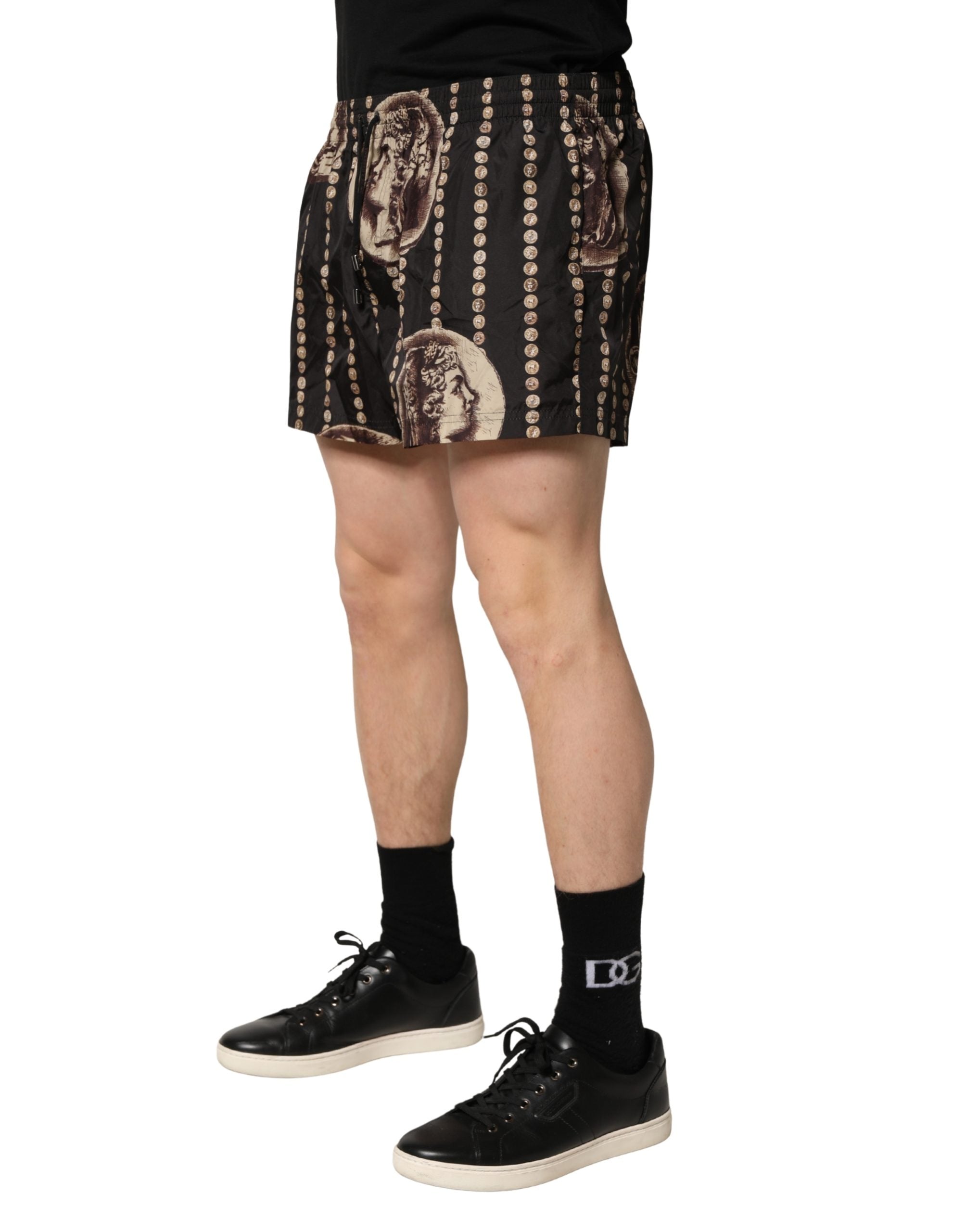Black Roman Coin Print Swim Shorts Swimwear