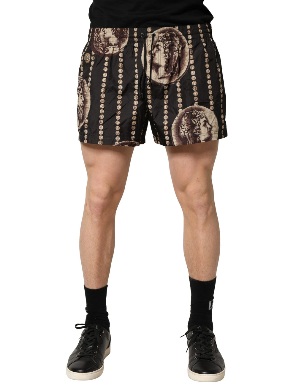 Black Roman Coin Print Swim Shorts Swimwear
