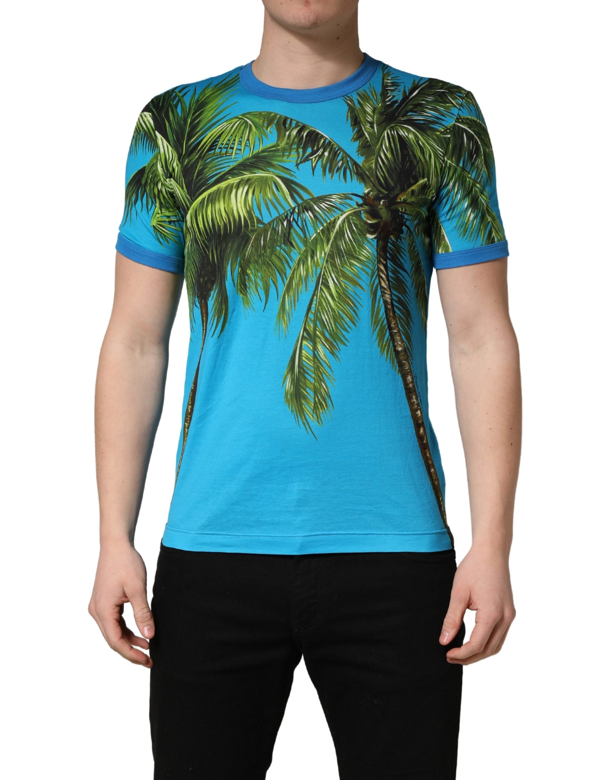 Blue Palm Tree Print Cotton CrewNeck T-shirt