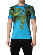 Blue Palm Tree Print Cotton CrewNeck T-shirt