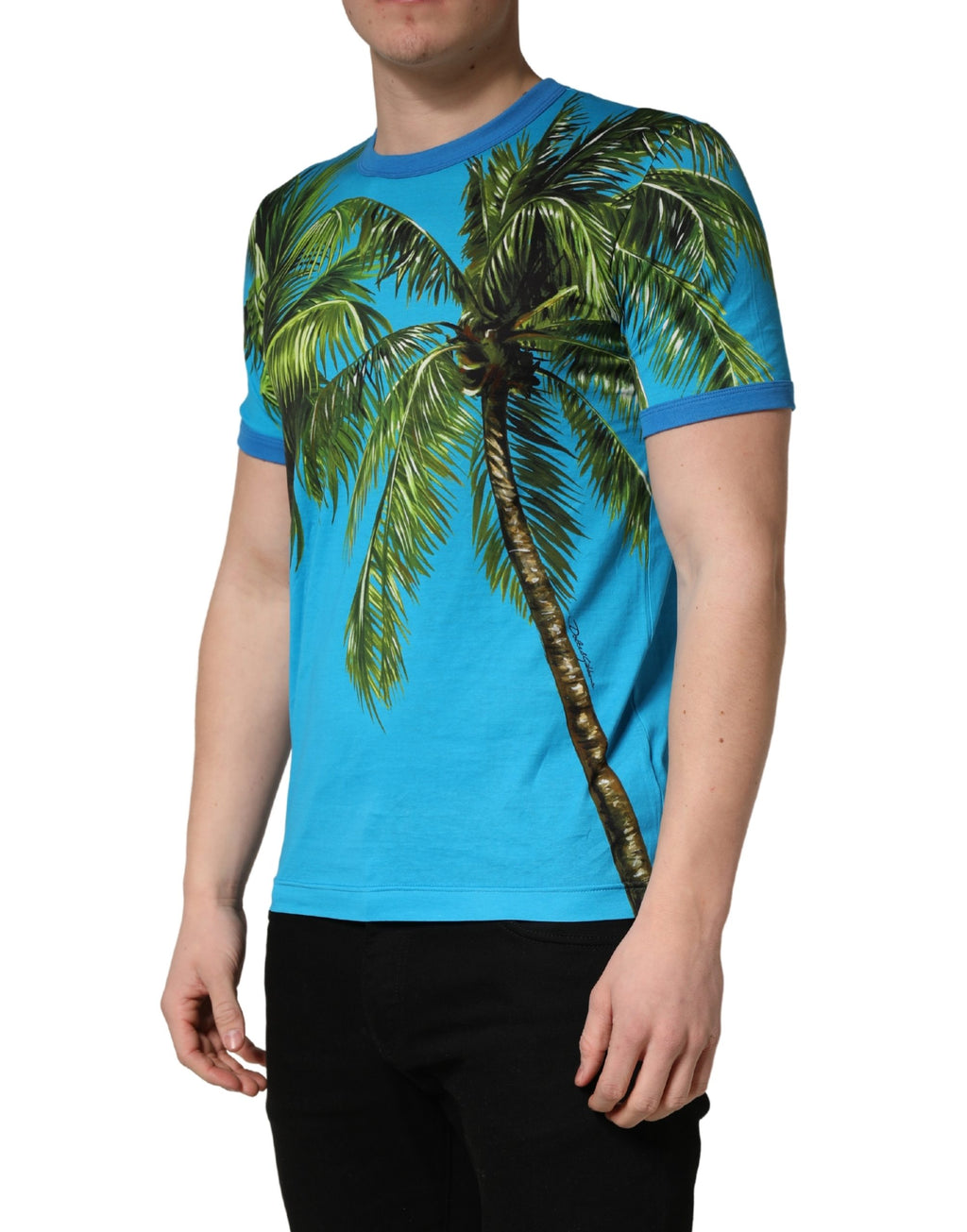 Blue Palm Tree Print Cotton CrewNeck T-shirt