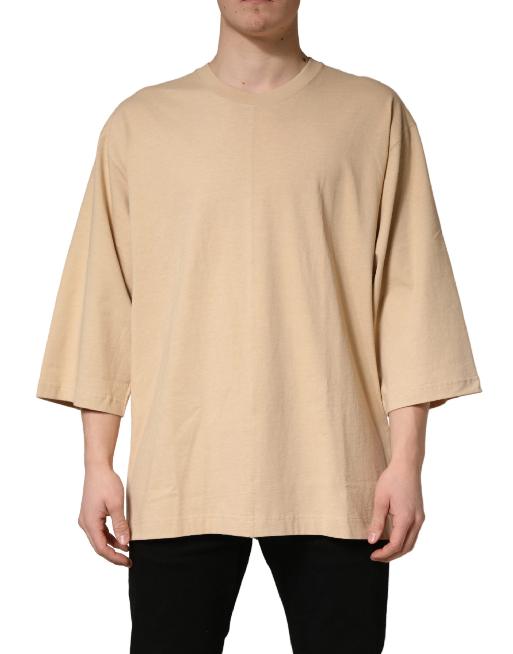 Beige Cotton Roundneck Oversized Fit T-shirt