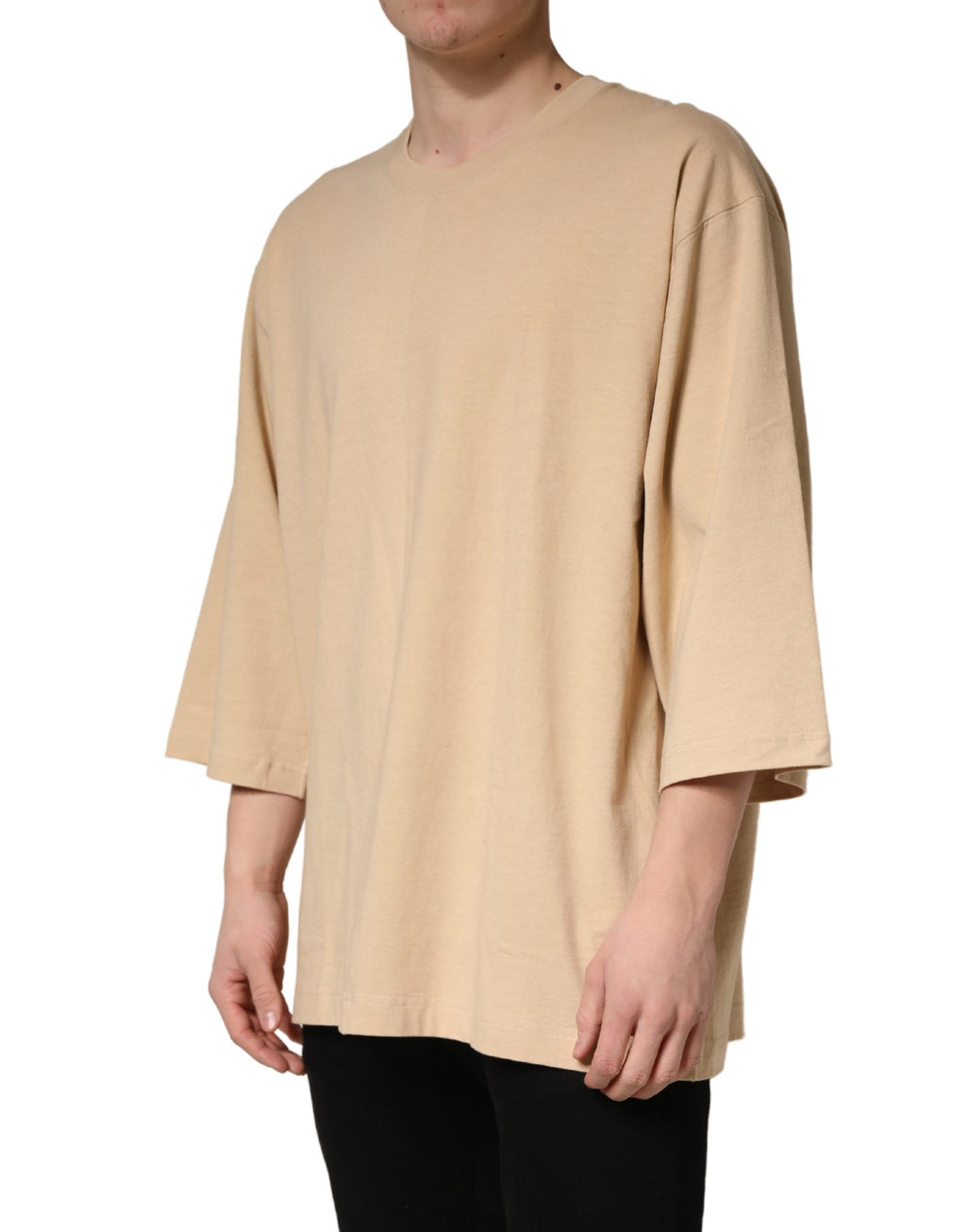 Beige Cotton Roundneck Oversized Fit T-shirt