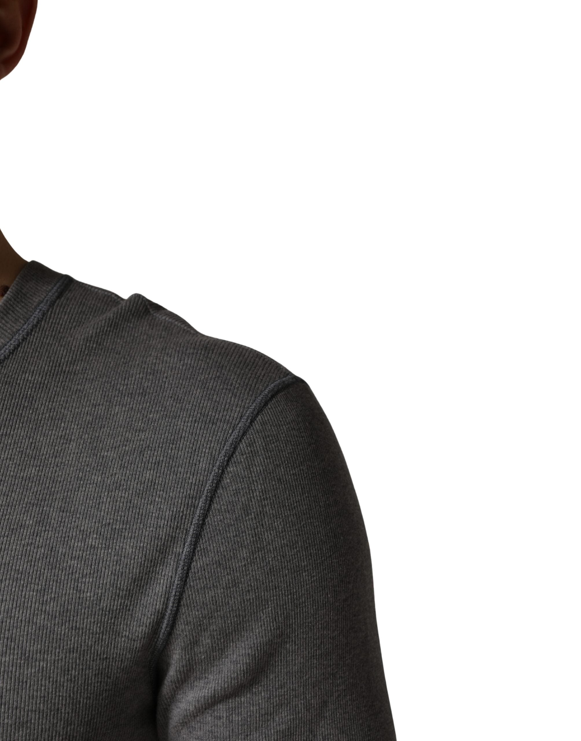 Gray Ribbed Cotton Long-Sleeve Henley  T-shirt