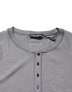 Gray Ribbed Cotton Long-Sleeve Henley  T-shirt