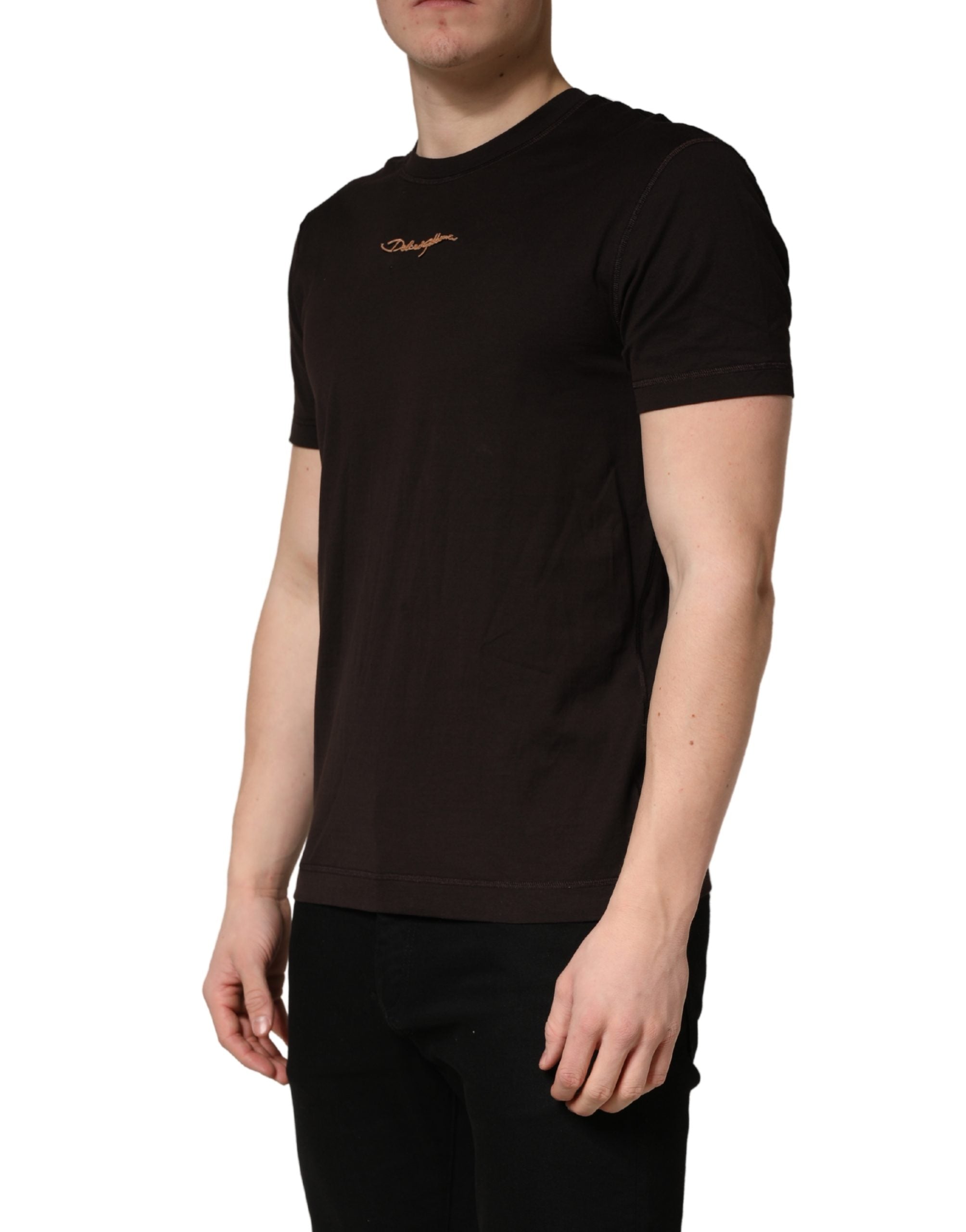 Brown Logo Embroidered Men Crew Neck T-shirt