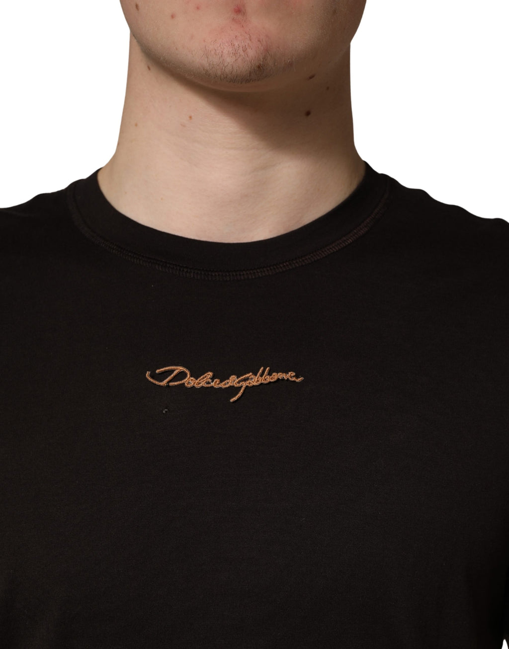 Brown Logo Embroidered Men Crew Neck T-shirt