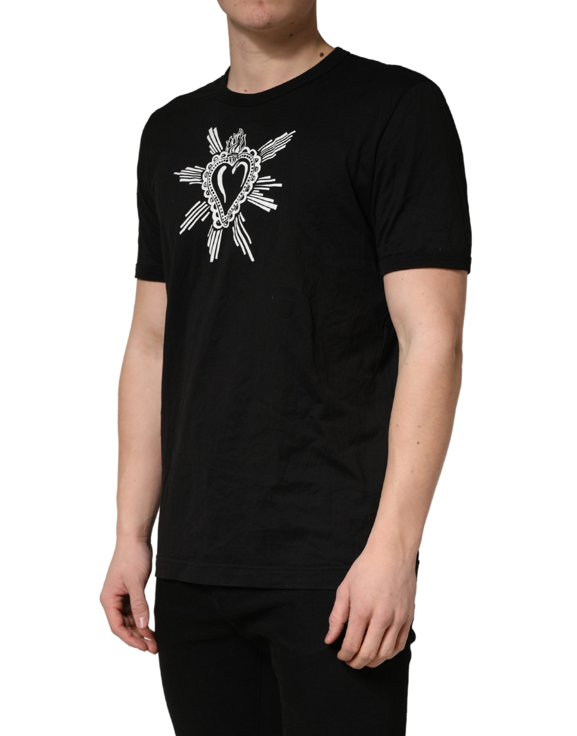 Black Cotton Sacred Heart Crew Neck T-shirt