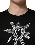 Black Cotton Sacred Heart Crew Neck T-shirt