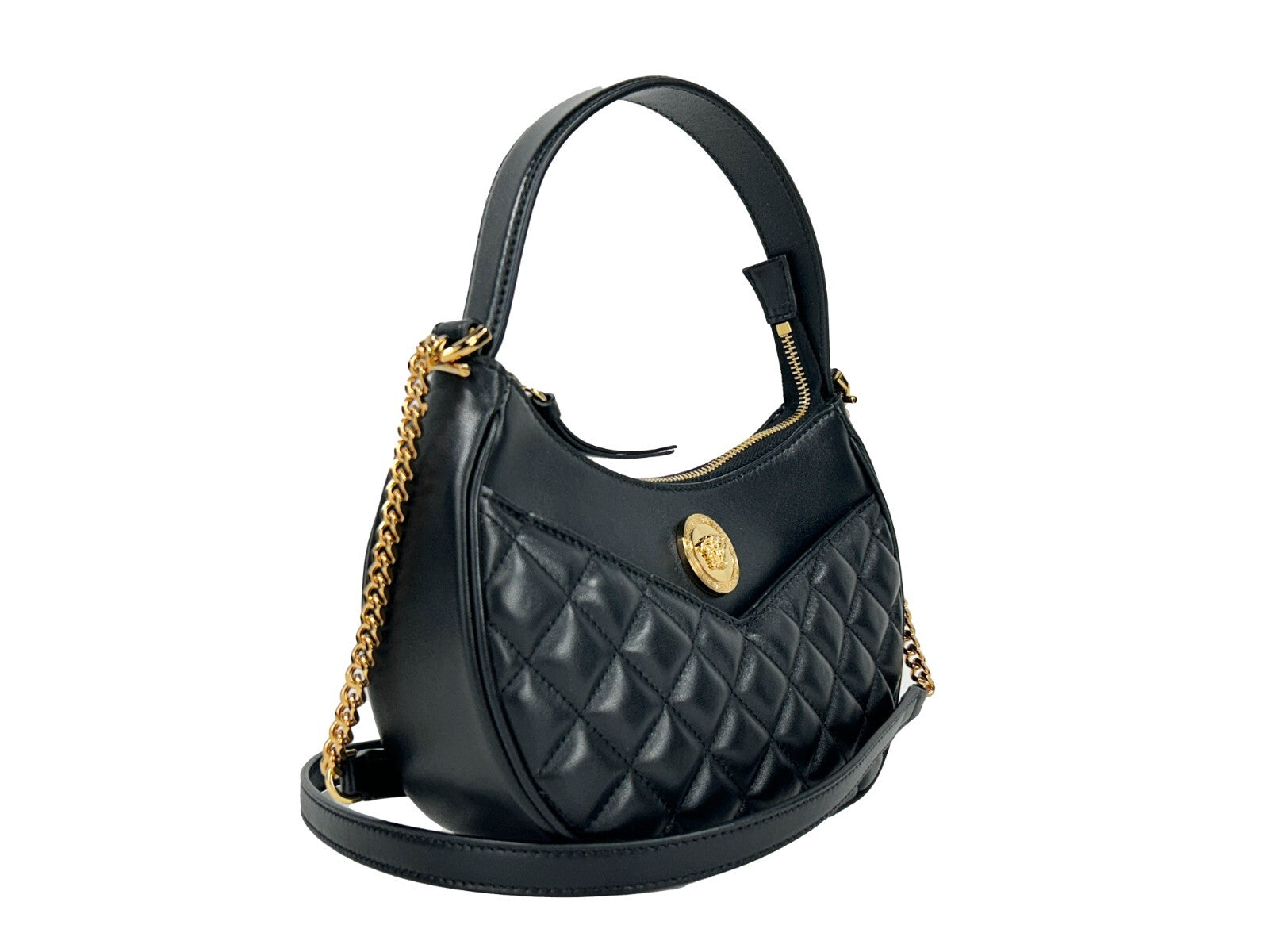 Versace Quilted Black Leather Half Moon Chain Crossbody Bag