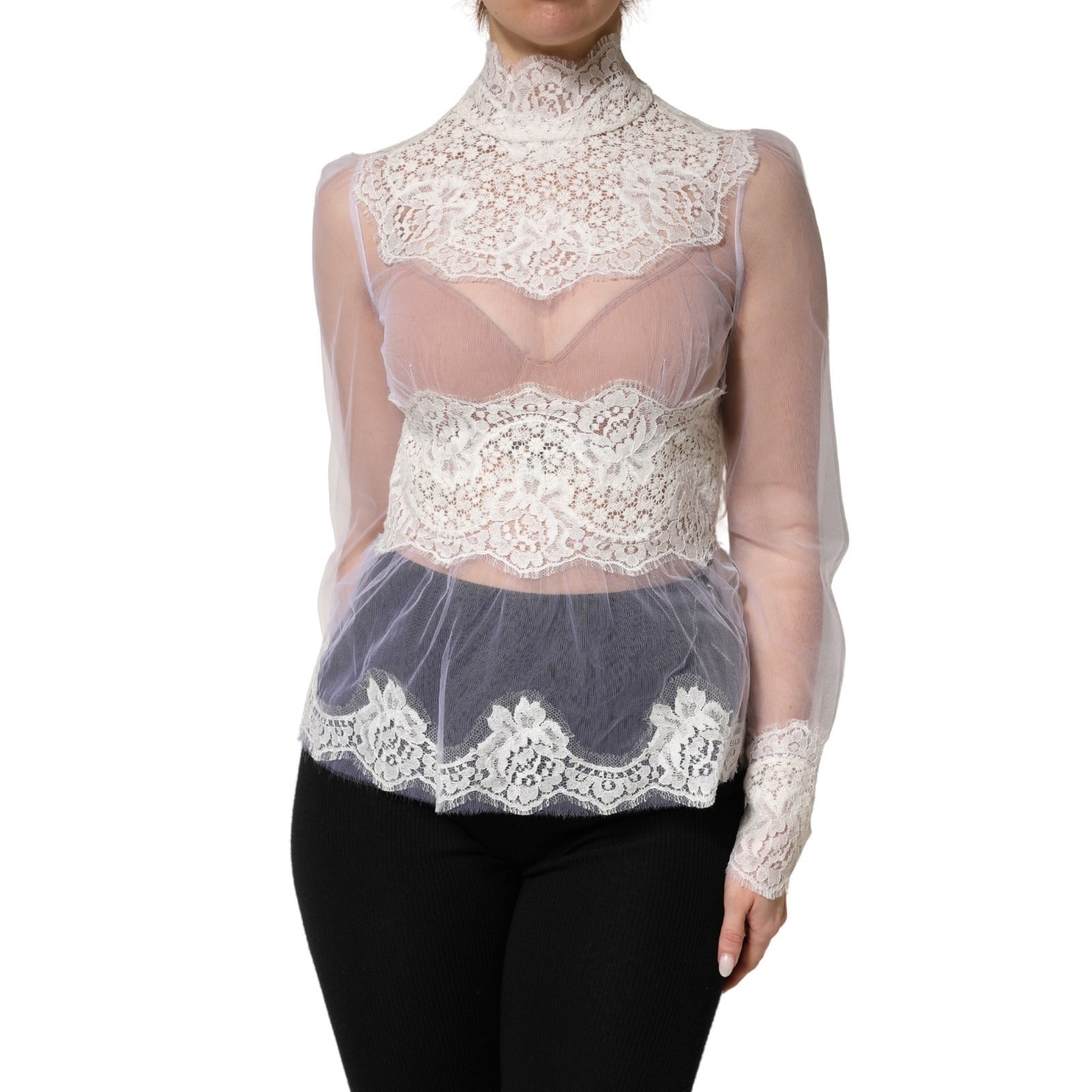White Nylon Lace Tulle Sheer Long Sleeve Top