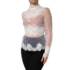 White Nylon Lace Tulle Sheer Long Sleeve Top
