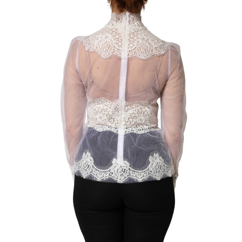 White Nylon Lace Tulle Sheer Long Sleeve Top