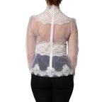 White Nylon Lace Tulle Sheer Long Sleeve Top