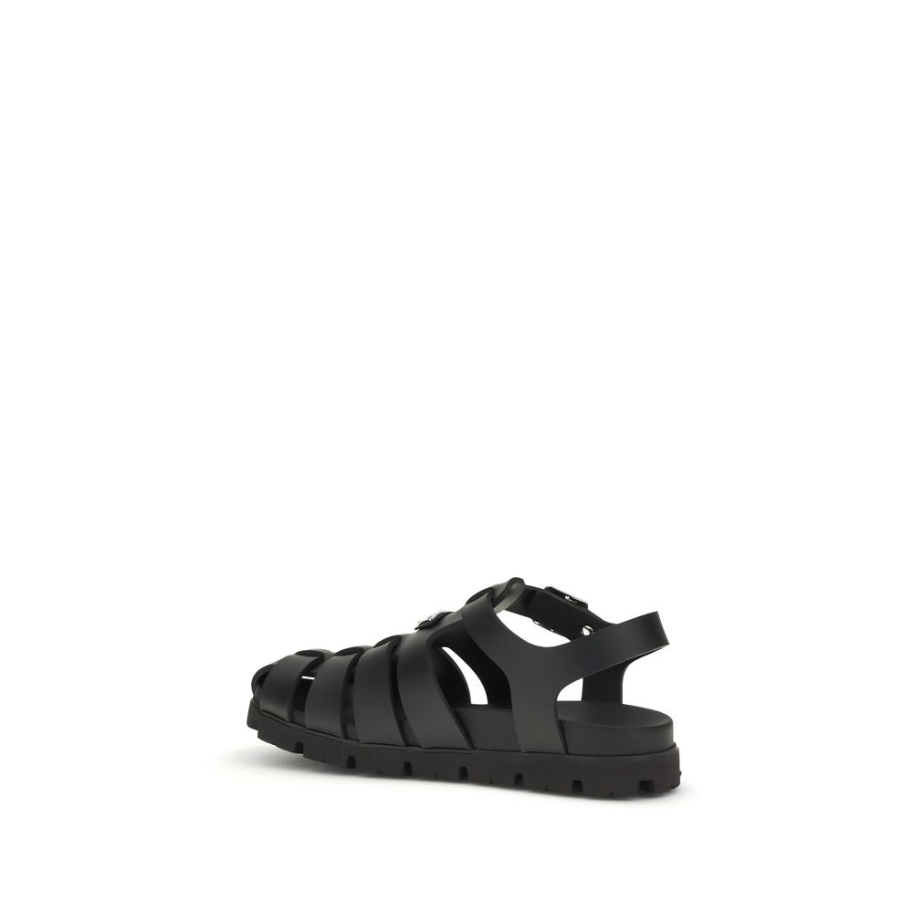 Black Calf Leather Bos Taurus Flat Sandals