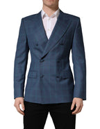 Blue Checked Double Breasted Men Suit Jacket