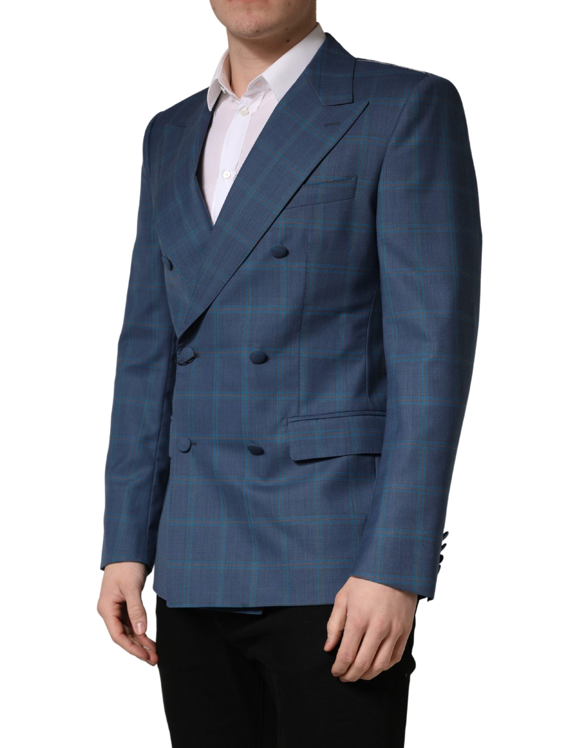 Blue Checked Double Breasted Men Suit Jacket