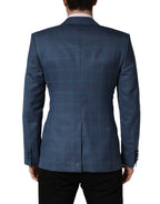 Blue Checked Double Breasted Men Suit Jacket