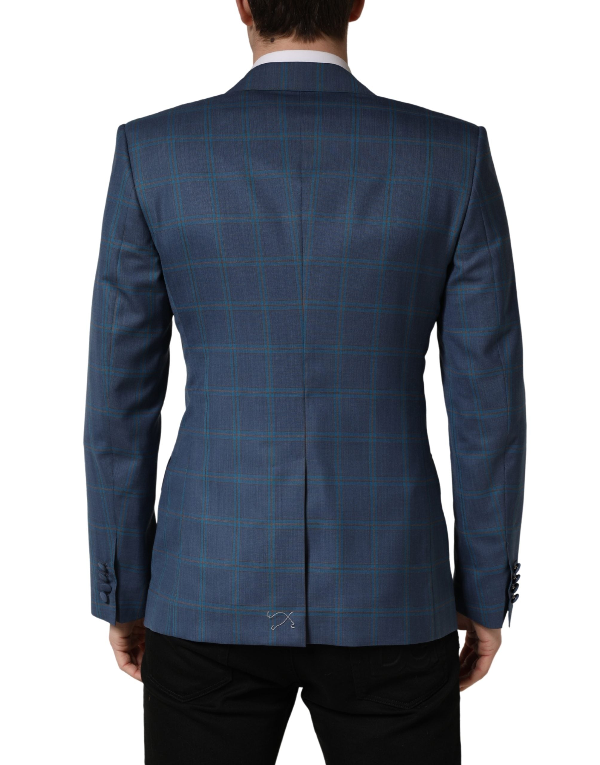 Blue Checked Double Breasted Men Suit Jacket