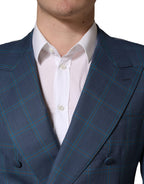 Blue Checked Double Breasted Men Suit Jacket