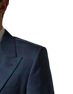 Blue Checked Double Breasted Men Suit Jacket