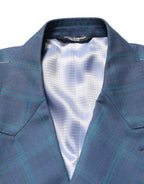 Blue Checked Double Breasted Men Suit Jacket
