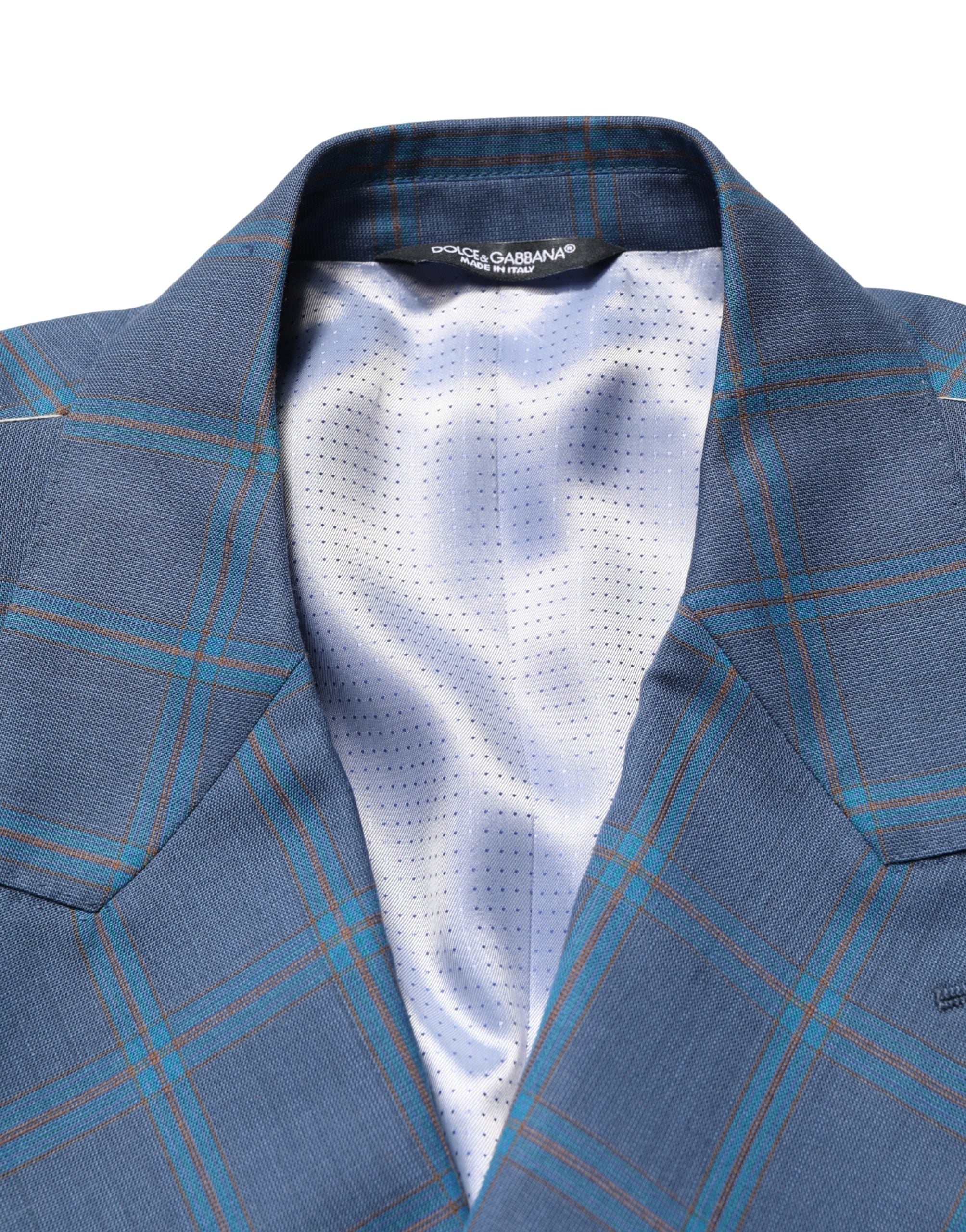 Blue Checked Double Breasted Men Suit Jacket