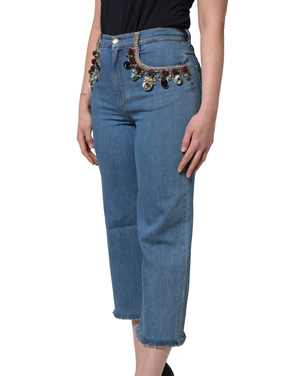 Blue Embellished Denim Wide-Leg Crop Jeans