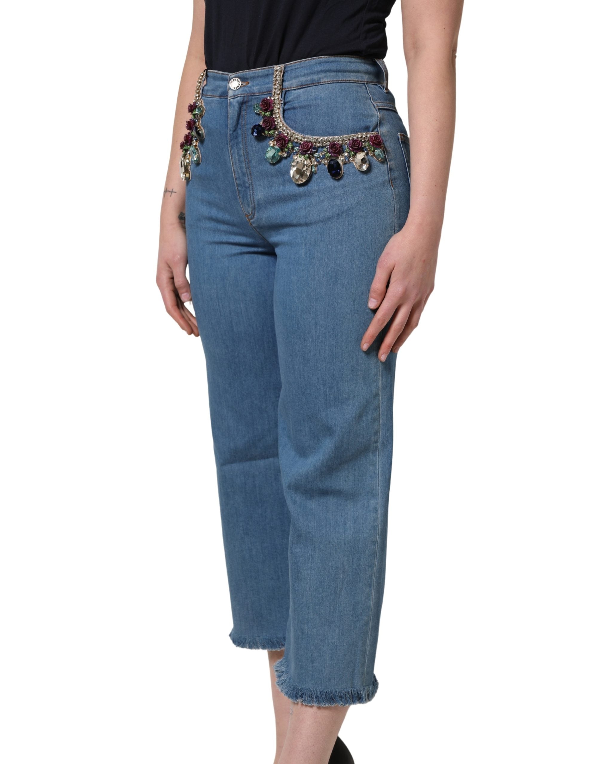 Blue Embellished Denim Wide-Leg Crop Jeans