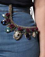 Blue Embellished Denim Wide-Leg Crop Jeans