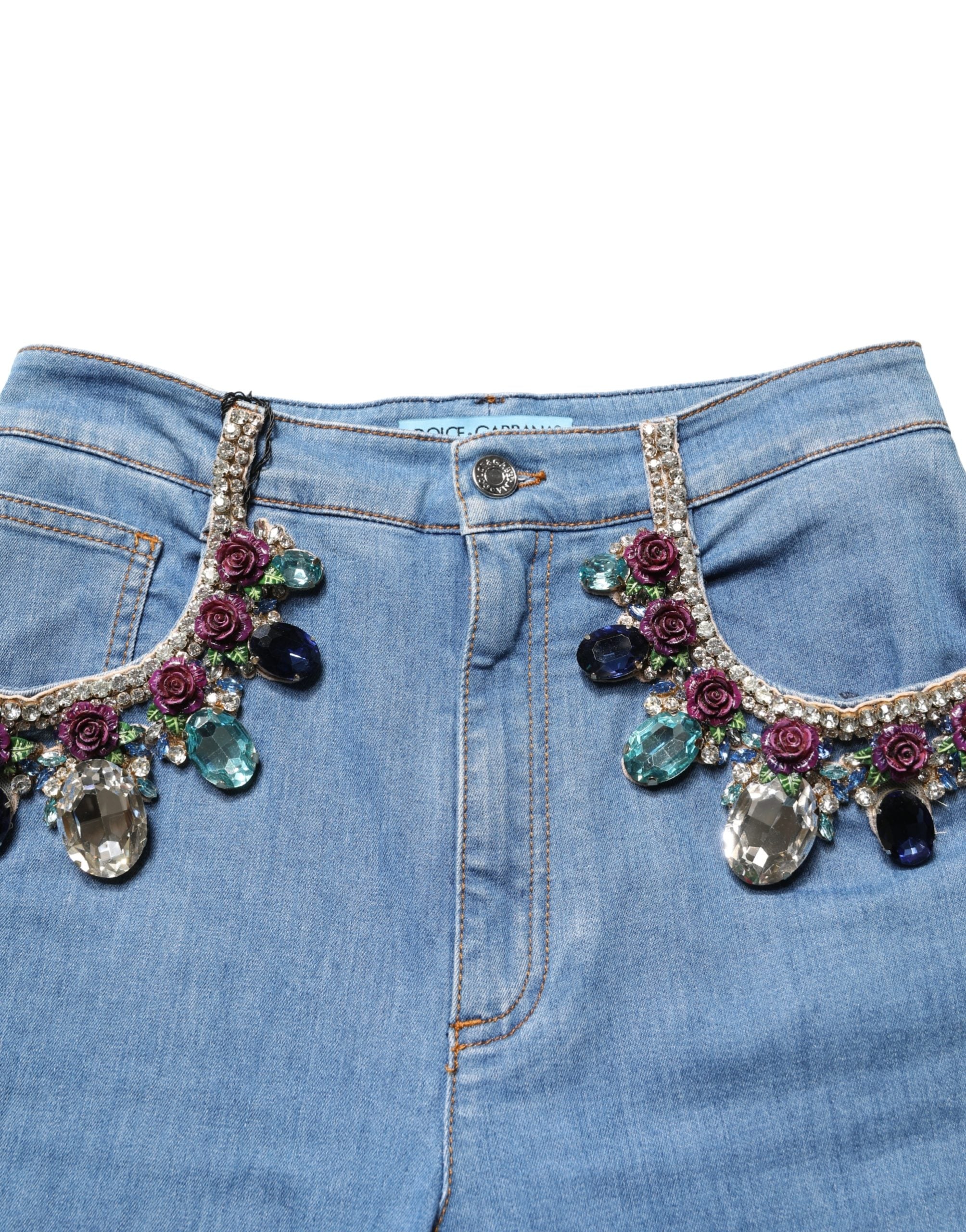 Blue Embellished Denim Wide-Leg Crop Jeans