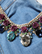 Blue Embellished Denim Wide-Leg Crop Jeans