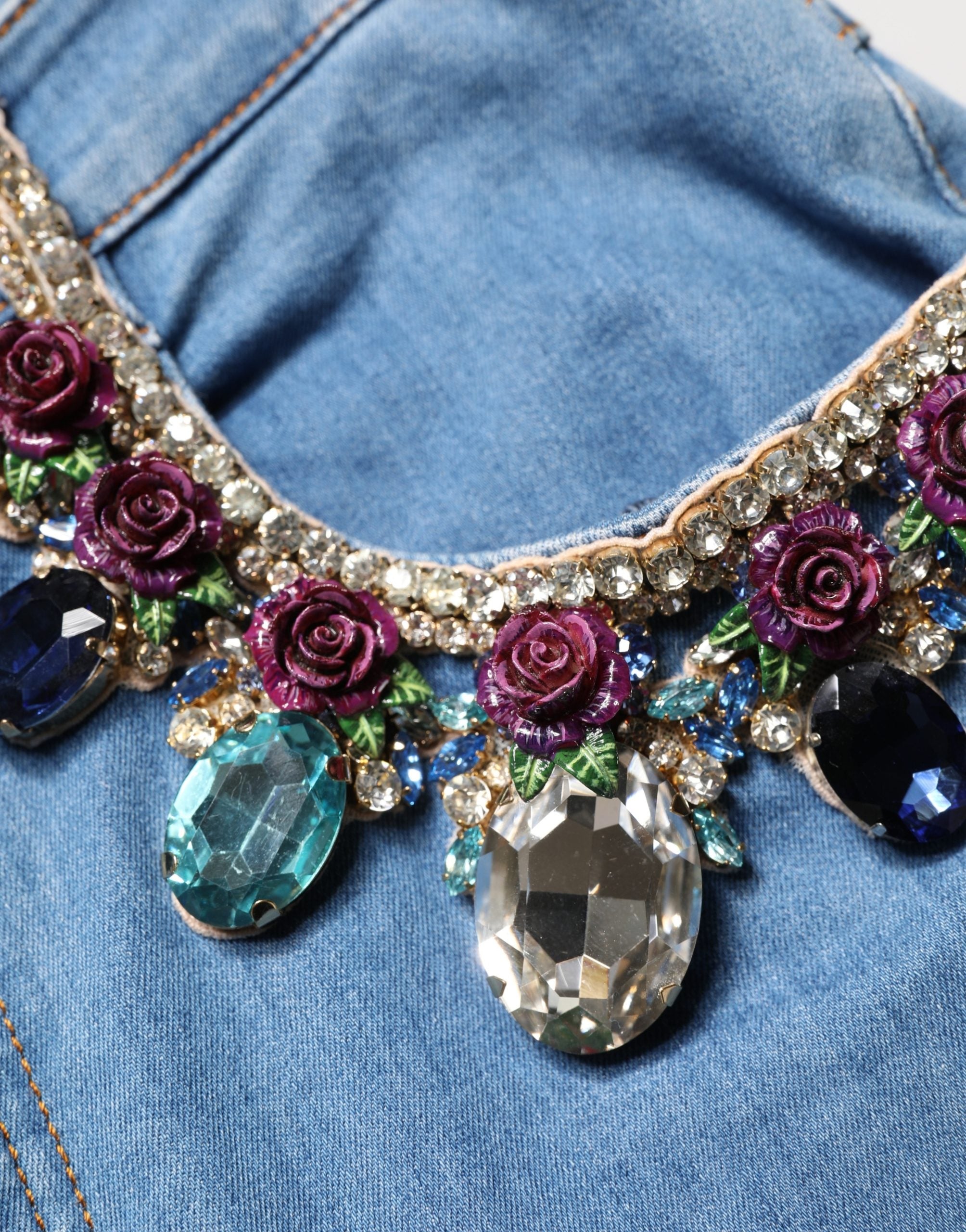 Blue Embellished Denim Wide-Leg Crop Jeans