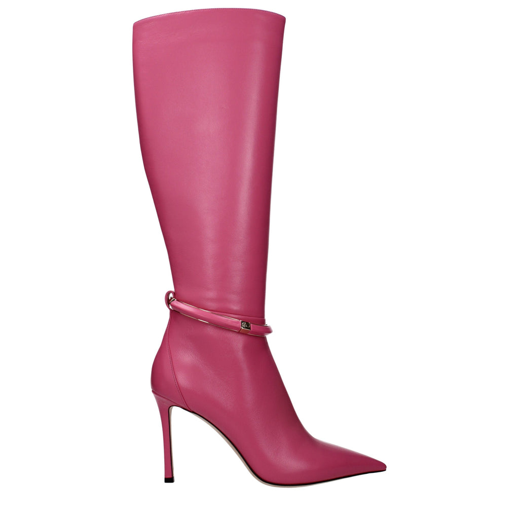 Pink Leather High Heel Boots