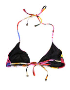 Black Floral Print Nylon Halter Bikini Top Swimwear