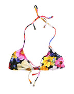 Black Floral Print Nylon Halter Bikini Top Swimwear