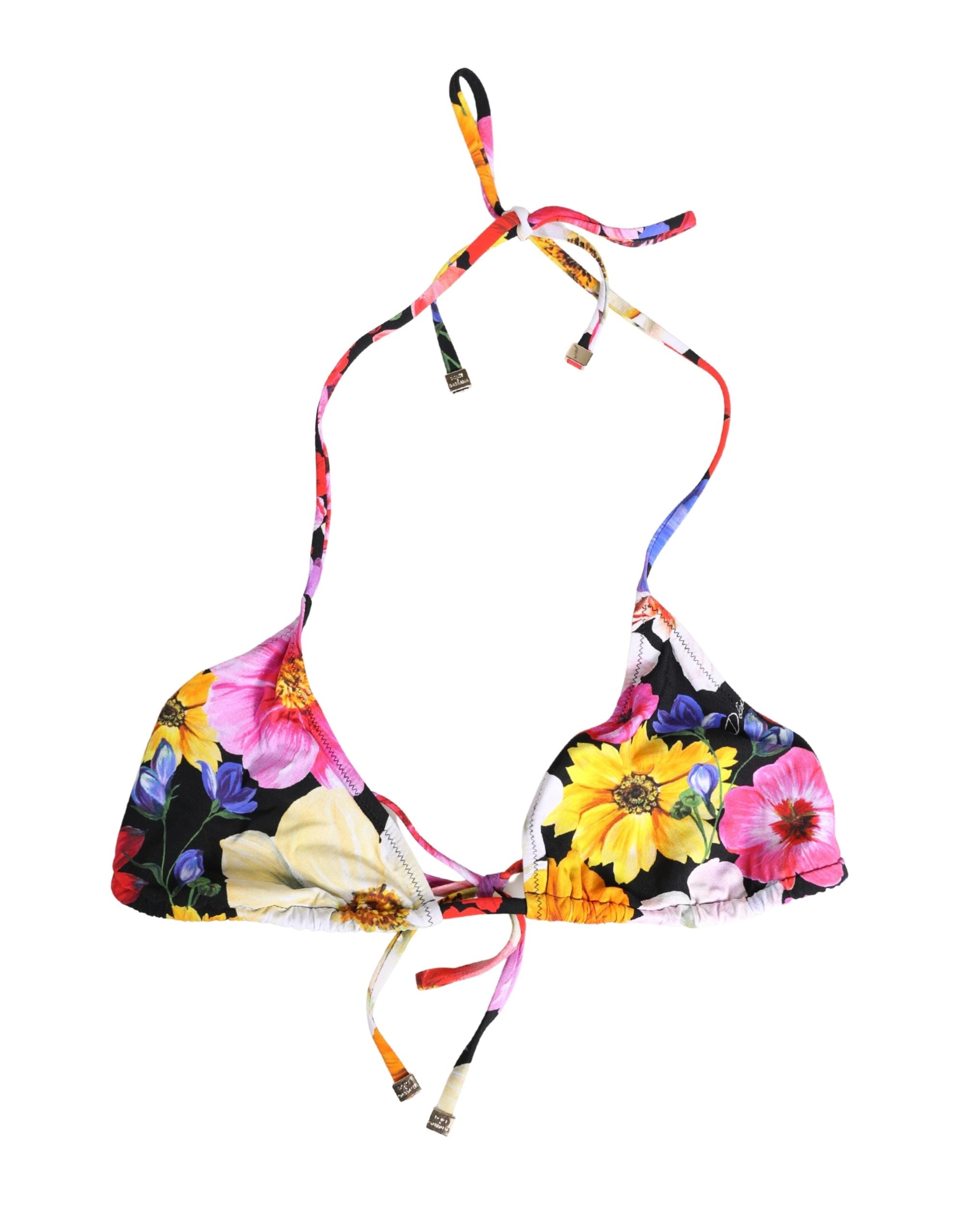 Black Floral Print Nylon Halter Bikini Top Swimwear
