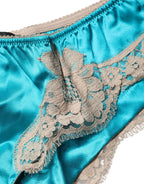 Blue Silk Satin Floral Lace Panty Brief Underwear