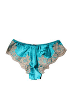 Blue Silk Satin Floral Lace Panty Brief Underwear