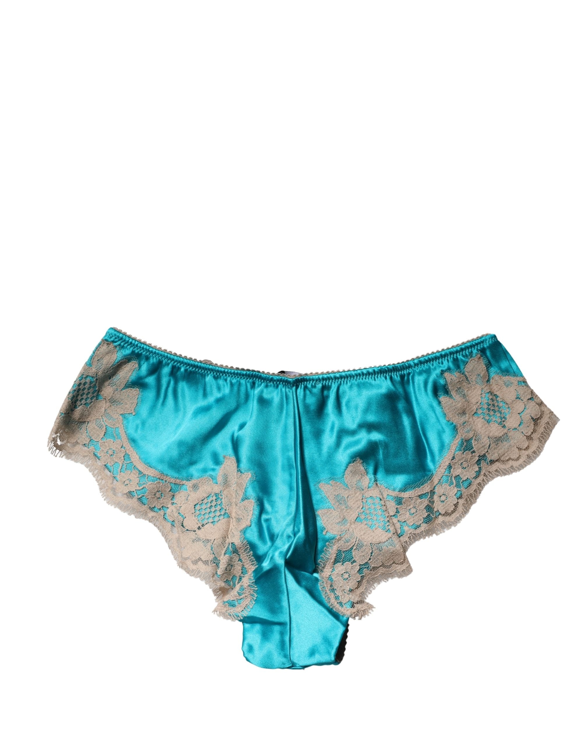 Blue Silk Satin Floral Lace Panty Brief Underwear