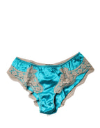 Blue Silk Satin Floral Lace Panty Brief Underwear
