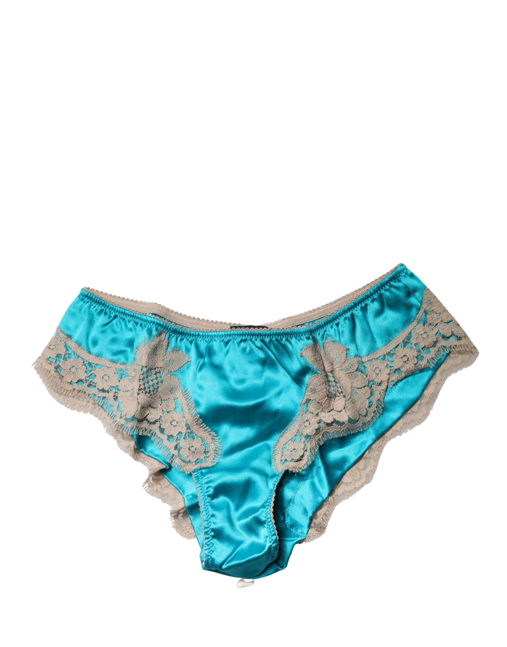 Blue Silk Satin Floral Lace Panty Brief Underwear