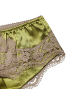 Underwear Green Silk Satin Floral Lace Panty Brief