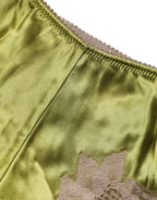 Underwear Green Silk Satin Floral Lace Panty Brief