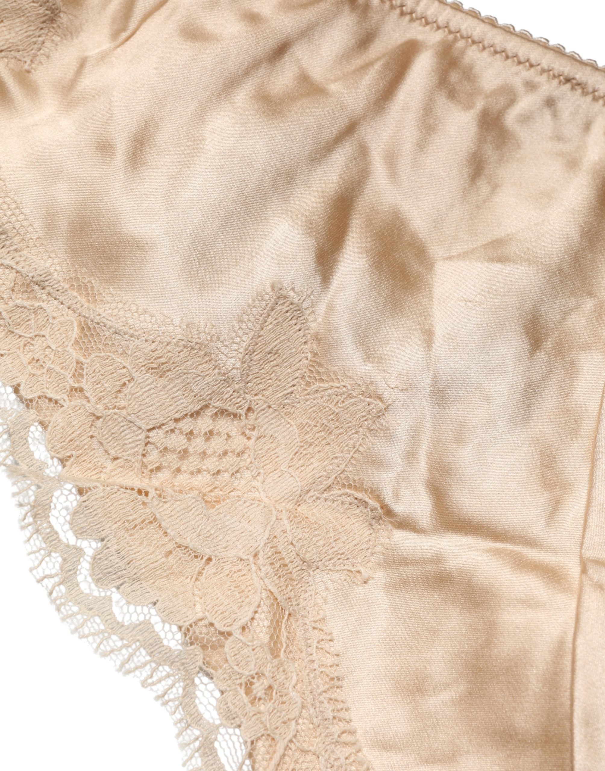 Beige Silk Satin Floral Lace Panty Brief Underwear