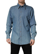 Blue Cotton Stretch Casual Denim Slim Shirt