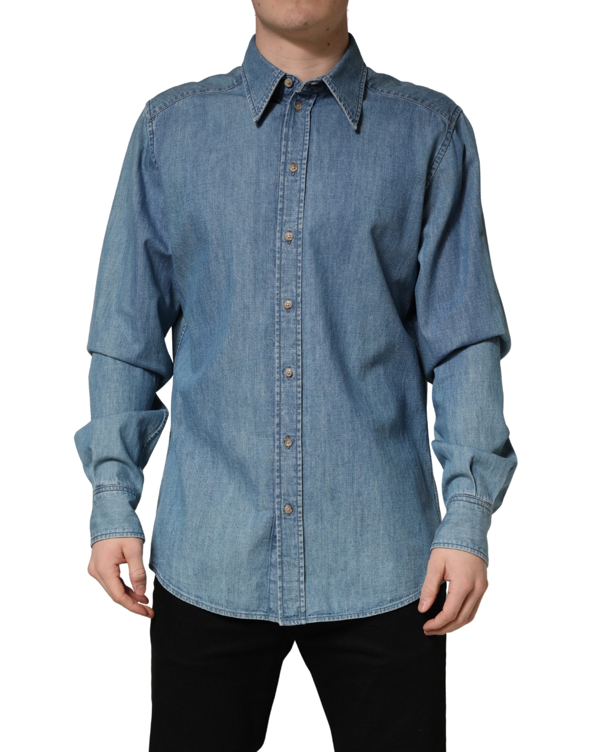 Blue Cotton Stretch Casual Denim Slim Shirt